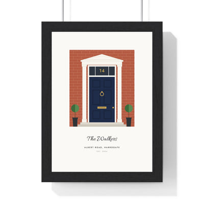 Personalised Front Door Print - framed navy panelled door on red brick, number 14