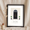 Personalised Front Door Print - black arched fanlight door on white stucco
