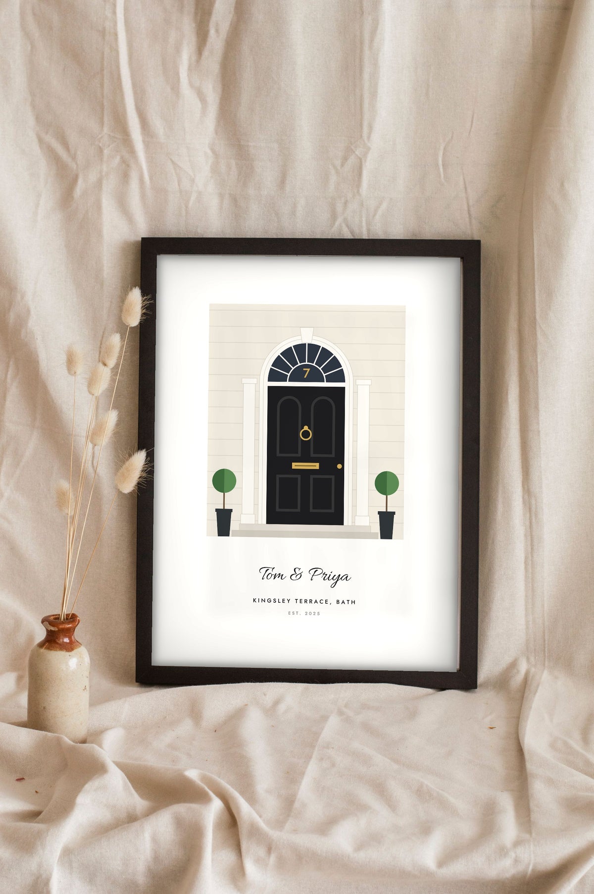 Personalised Front Door Print - black arched fanlight door on white stucco