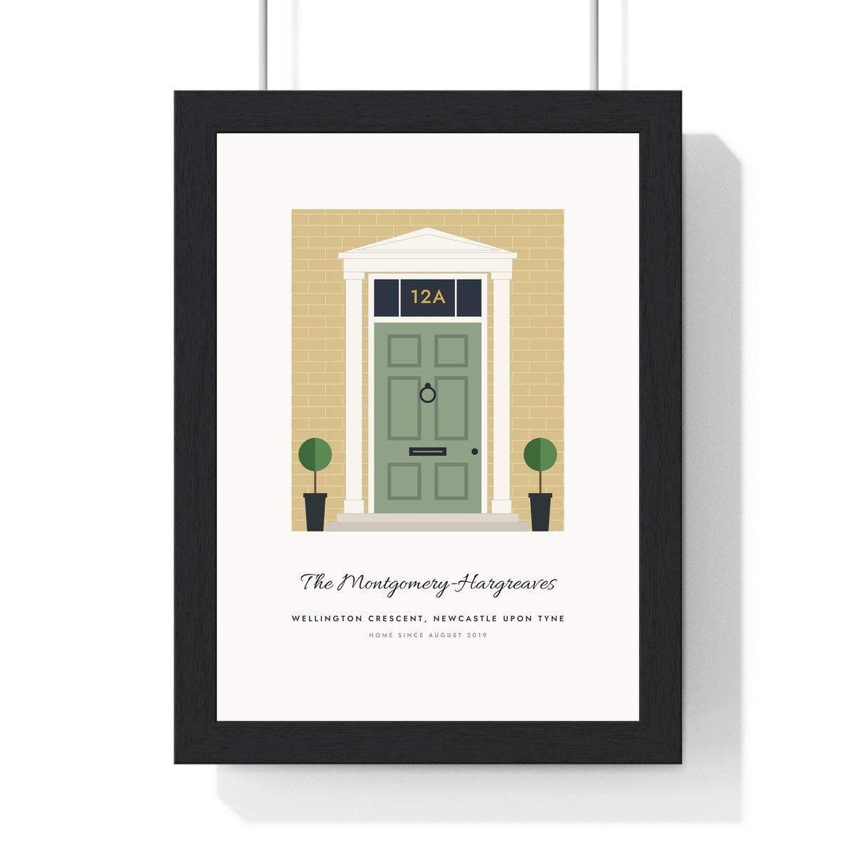Personalised Front Door Print - framed sage panelled door on yellow brick