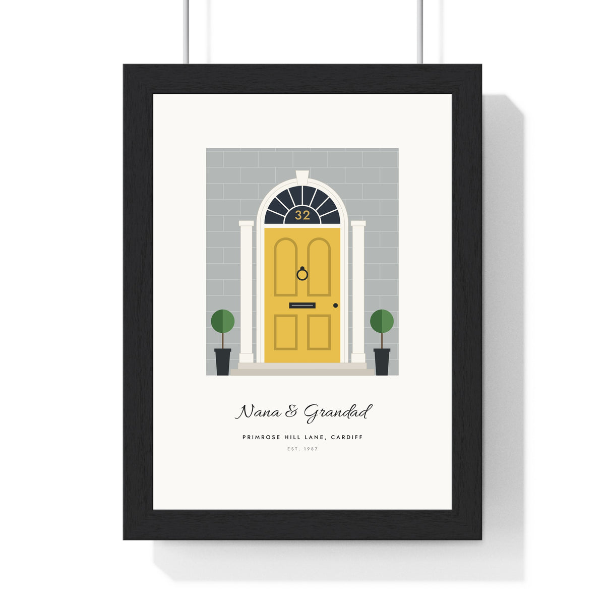 Personalised Front Door Print - framed yellow arched door on grey stone
