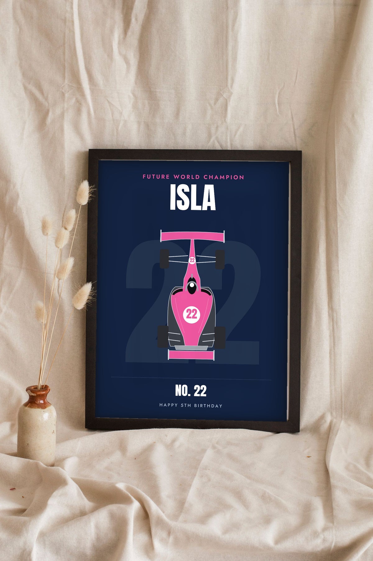 Personalised Future World Champion Print - pink car on navy for Isla