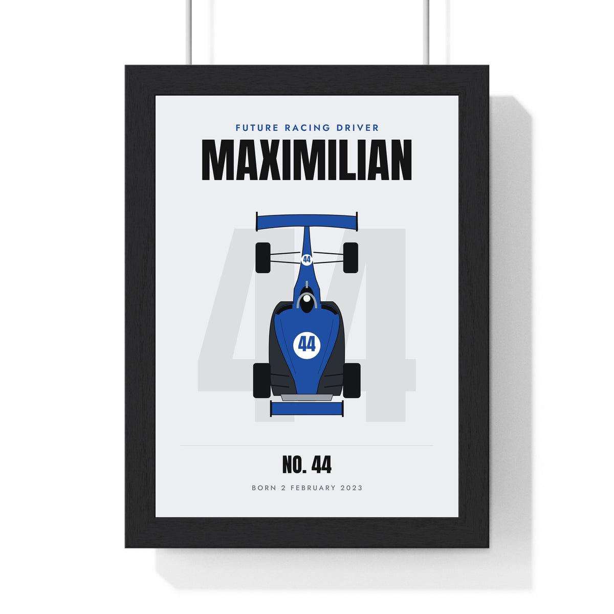 Personalised Future World Champion Print - framed blue car on grey