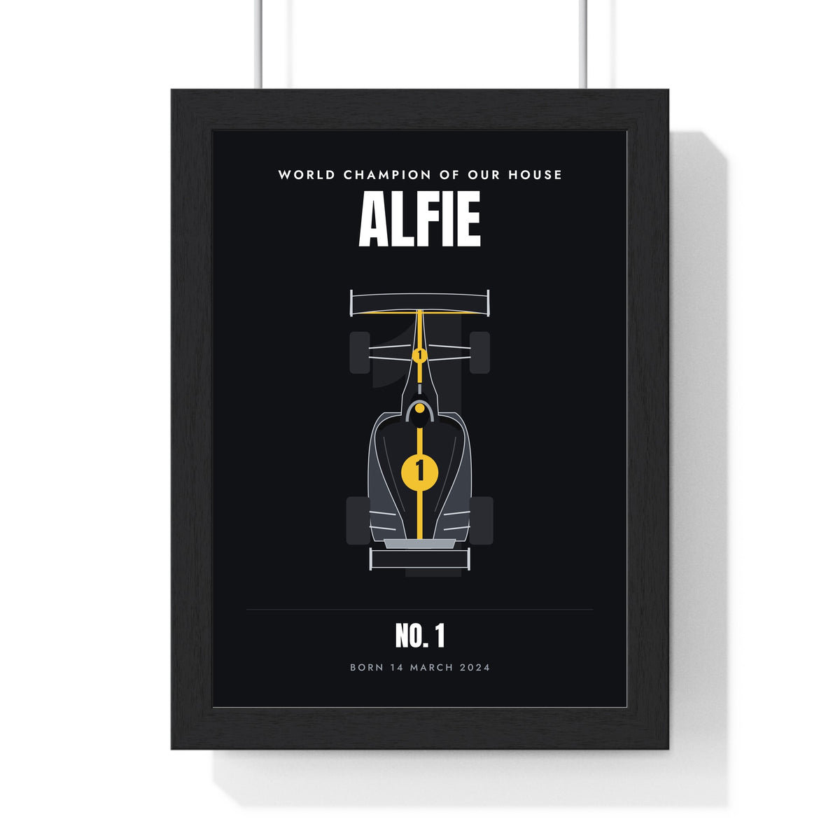 Personalised Future World Champion Print - framed black and gold car on black