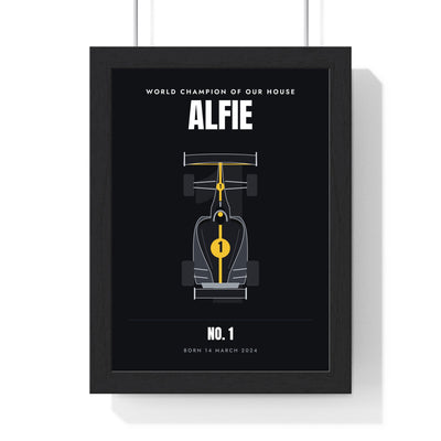 Personalised Future World Champion Print - framed black and gold car on black