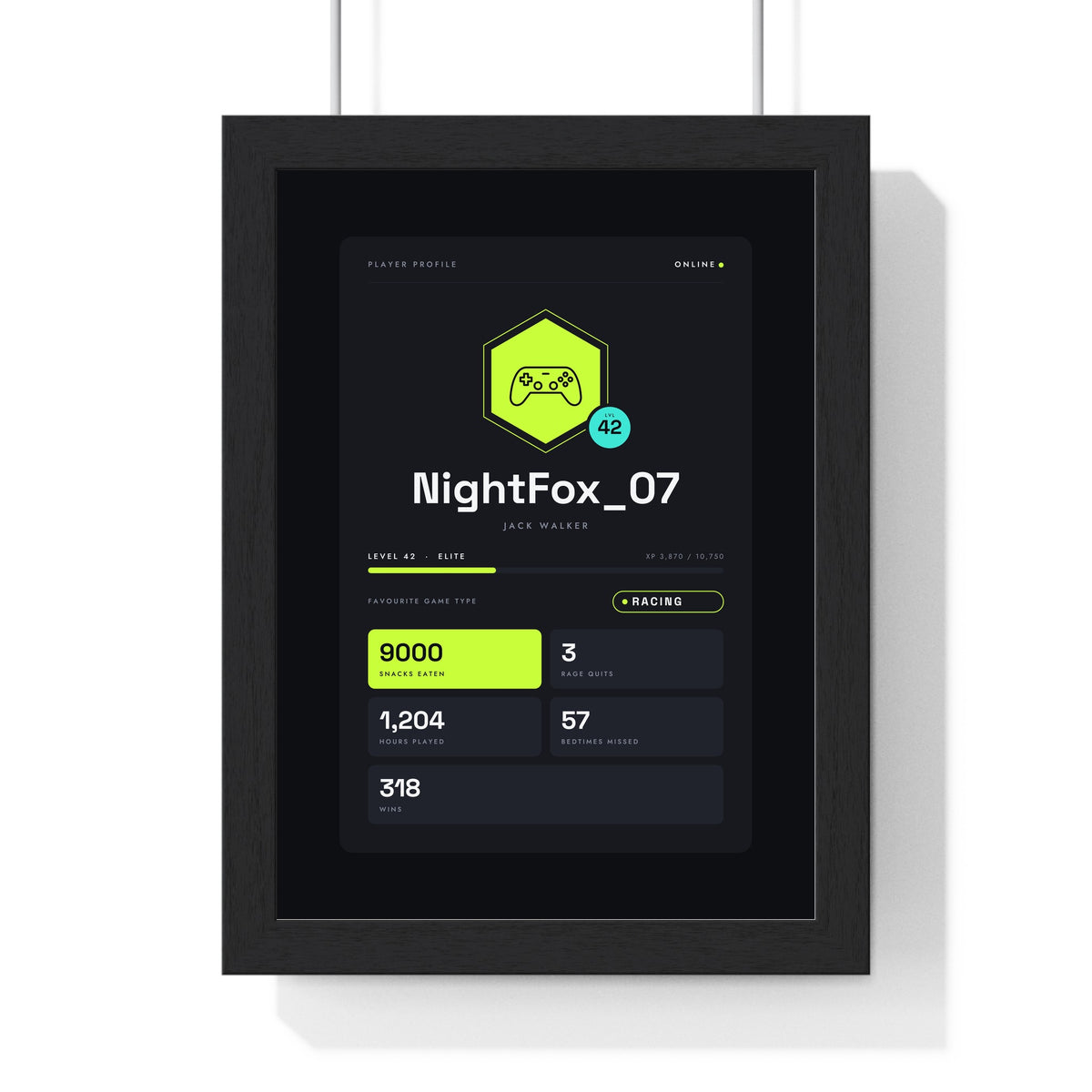 Personalised Gamer Profile Card Print - framed black and neon lime player card