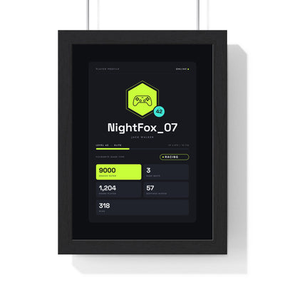 Personalised Gamer Profile Card Print - framed black and neon lime player card
