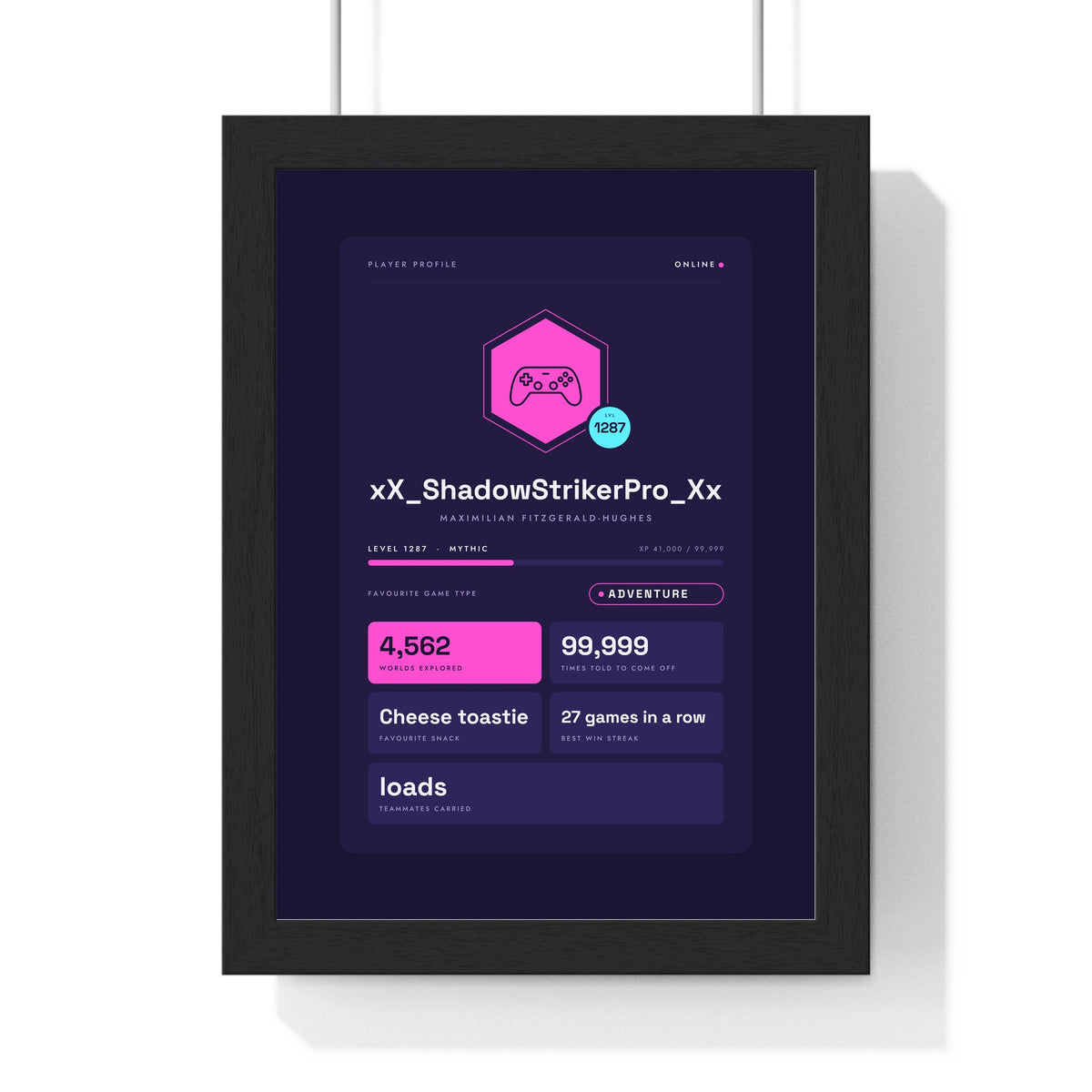 Personalised Gamer Profile Card Print - framed violet version