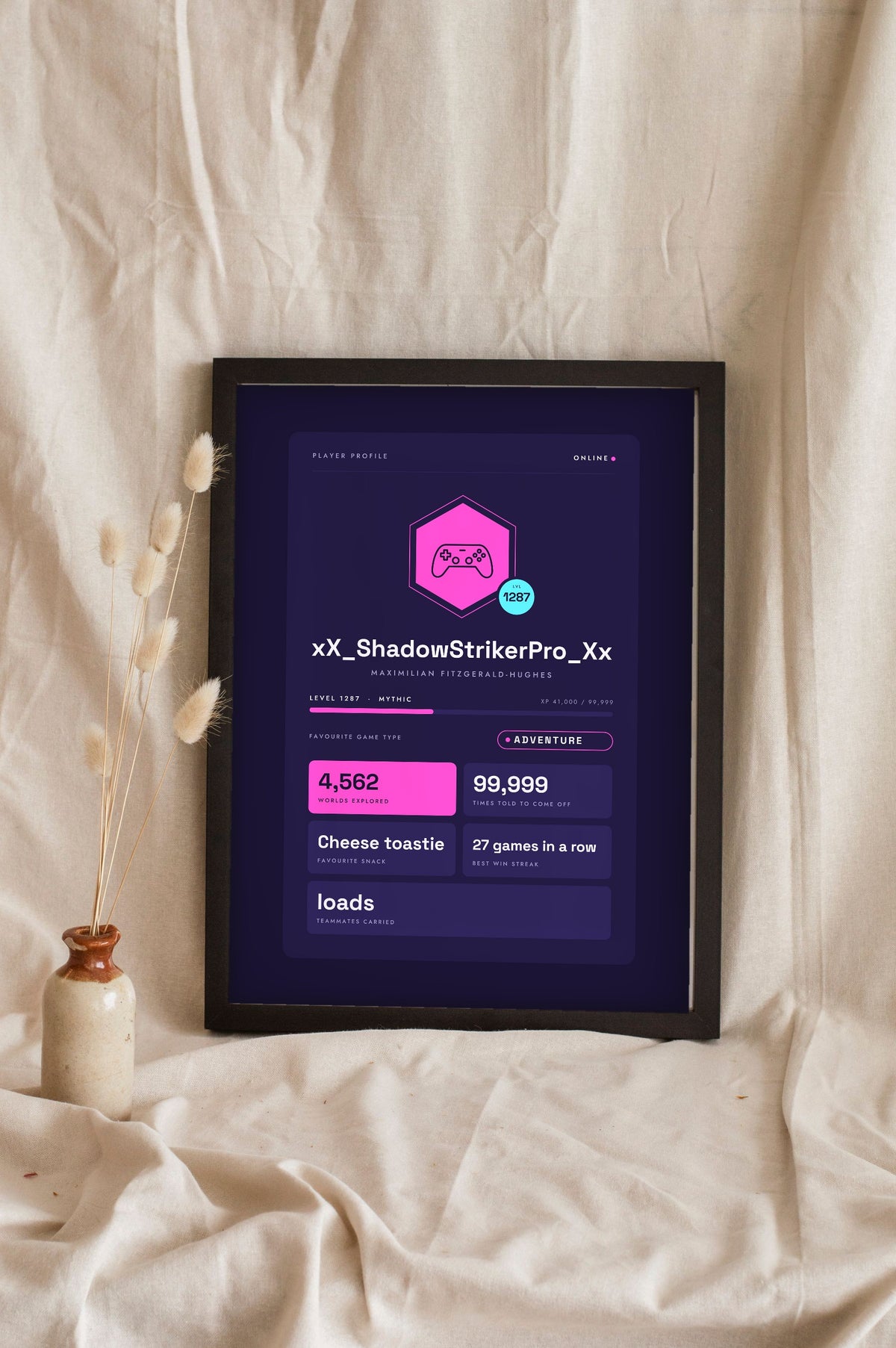 Personalised Gamer Profile Card Print - violet and neon pink version