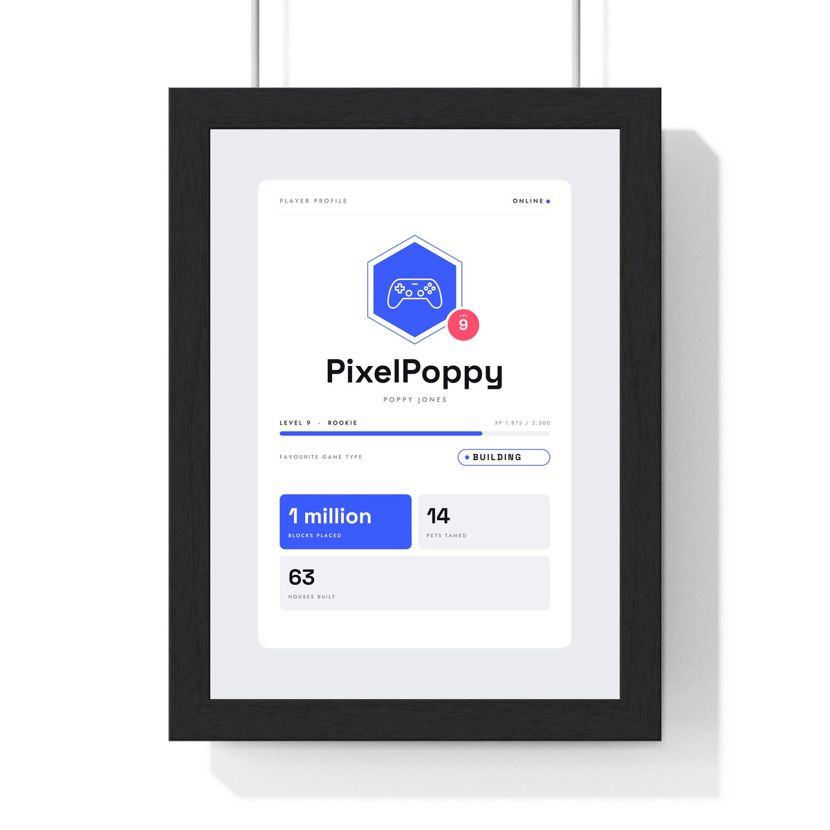 Personalised Gamer Profile Card Print - white and electric blue building fan version