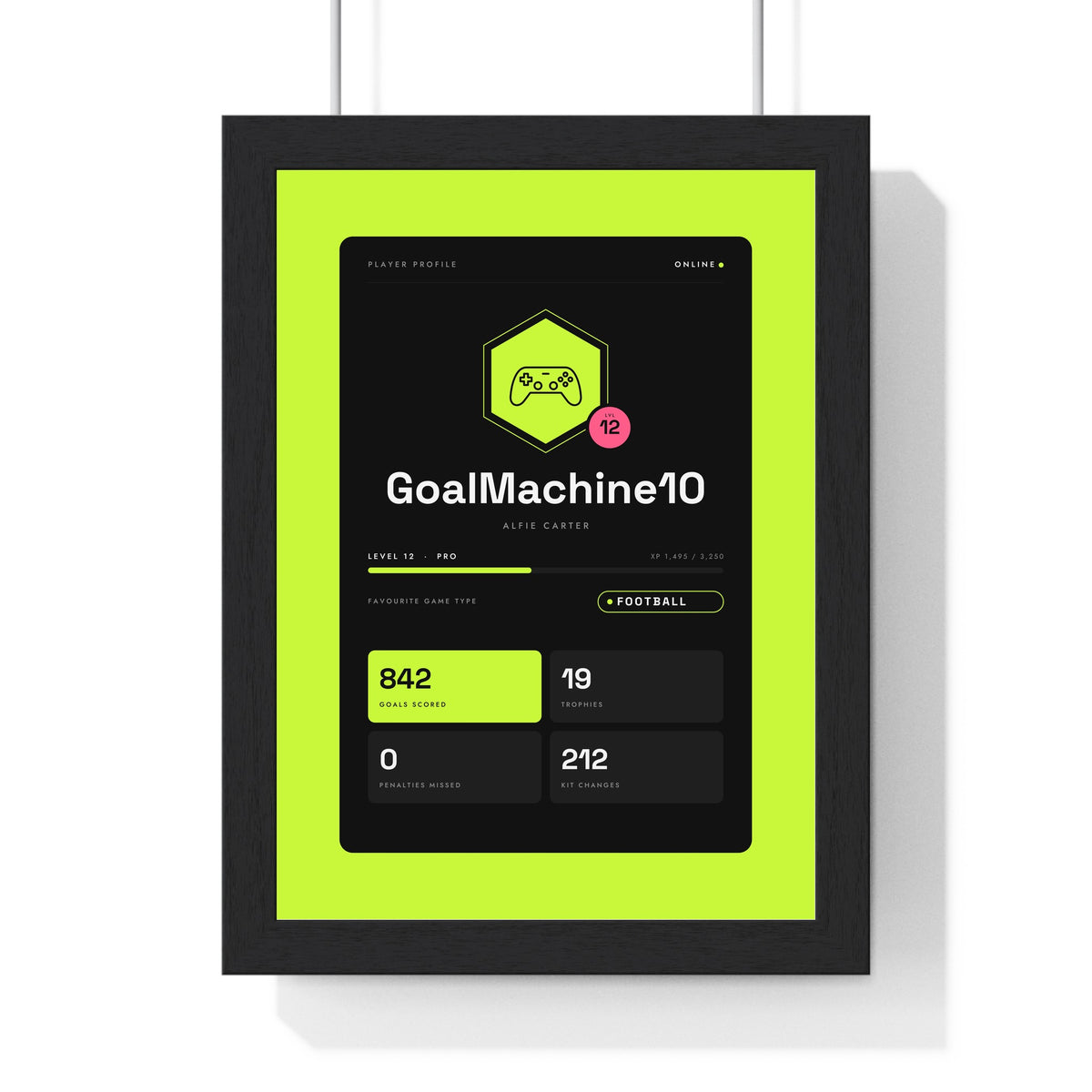 Personalised Gamer Profile Card Print - acid green football fan version