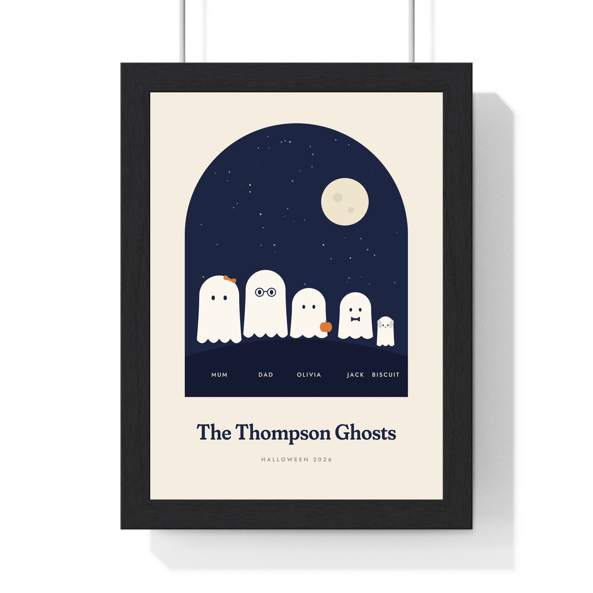 Personalised Ghost Family Print - framed cream ghost family print with five ghosts and a dog
