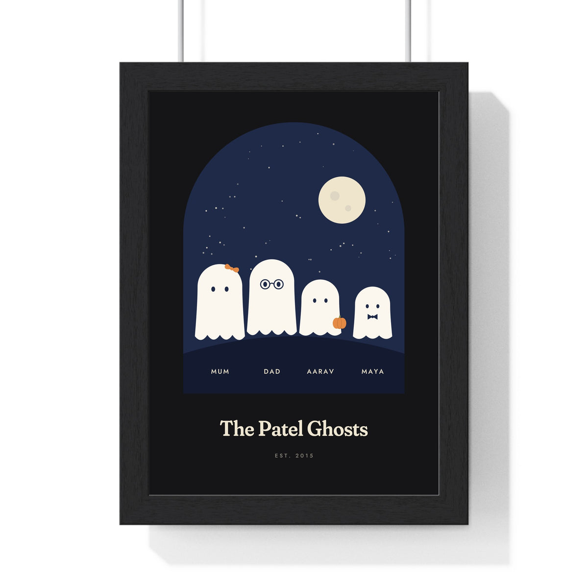 Personalised Ghost Family Print - framed black and navy ghost family
