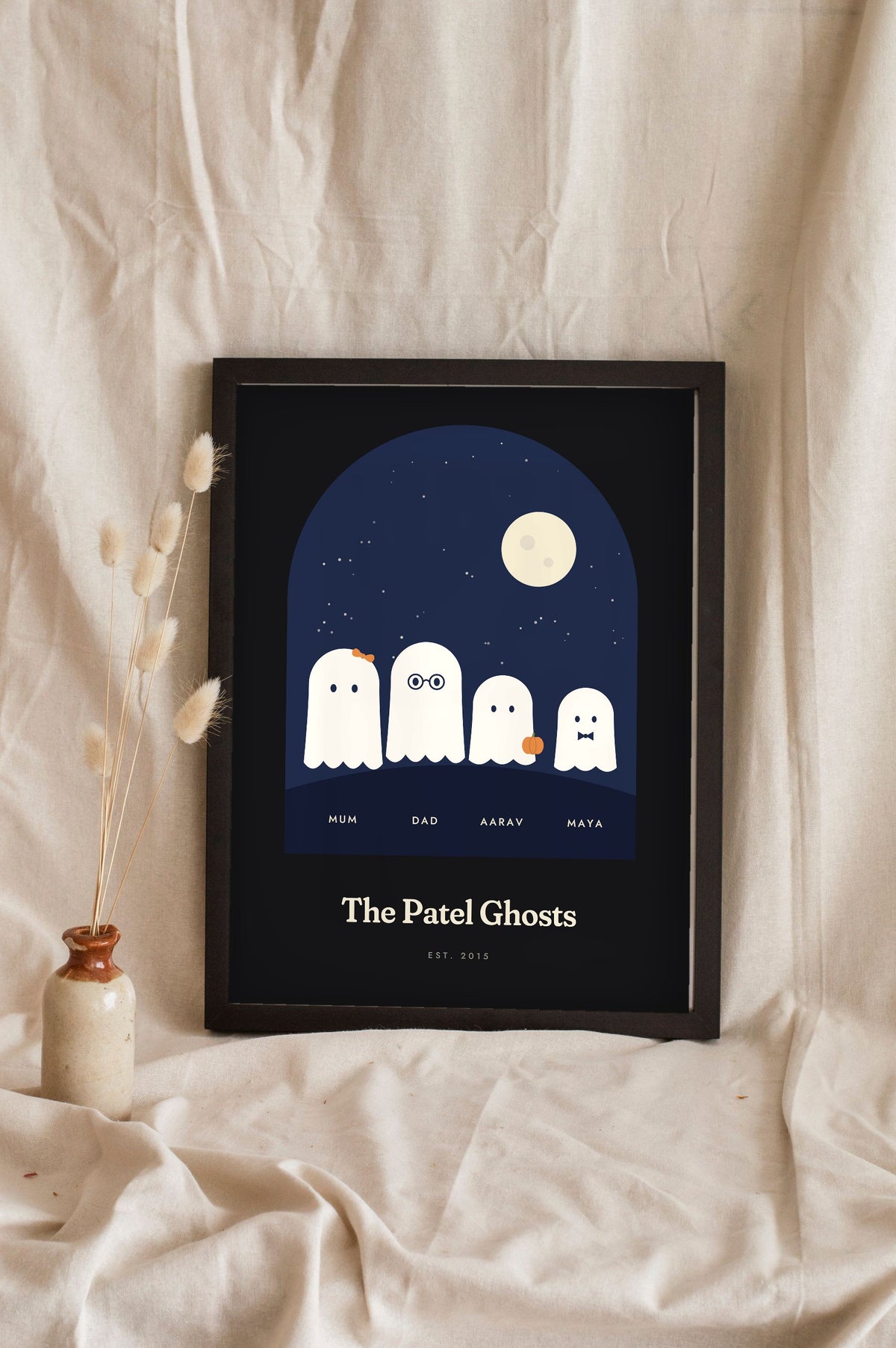 Personalised Ghost Family Print - dark black version for a family of four