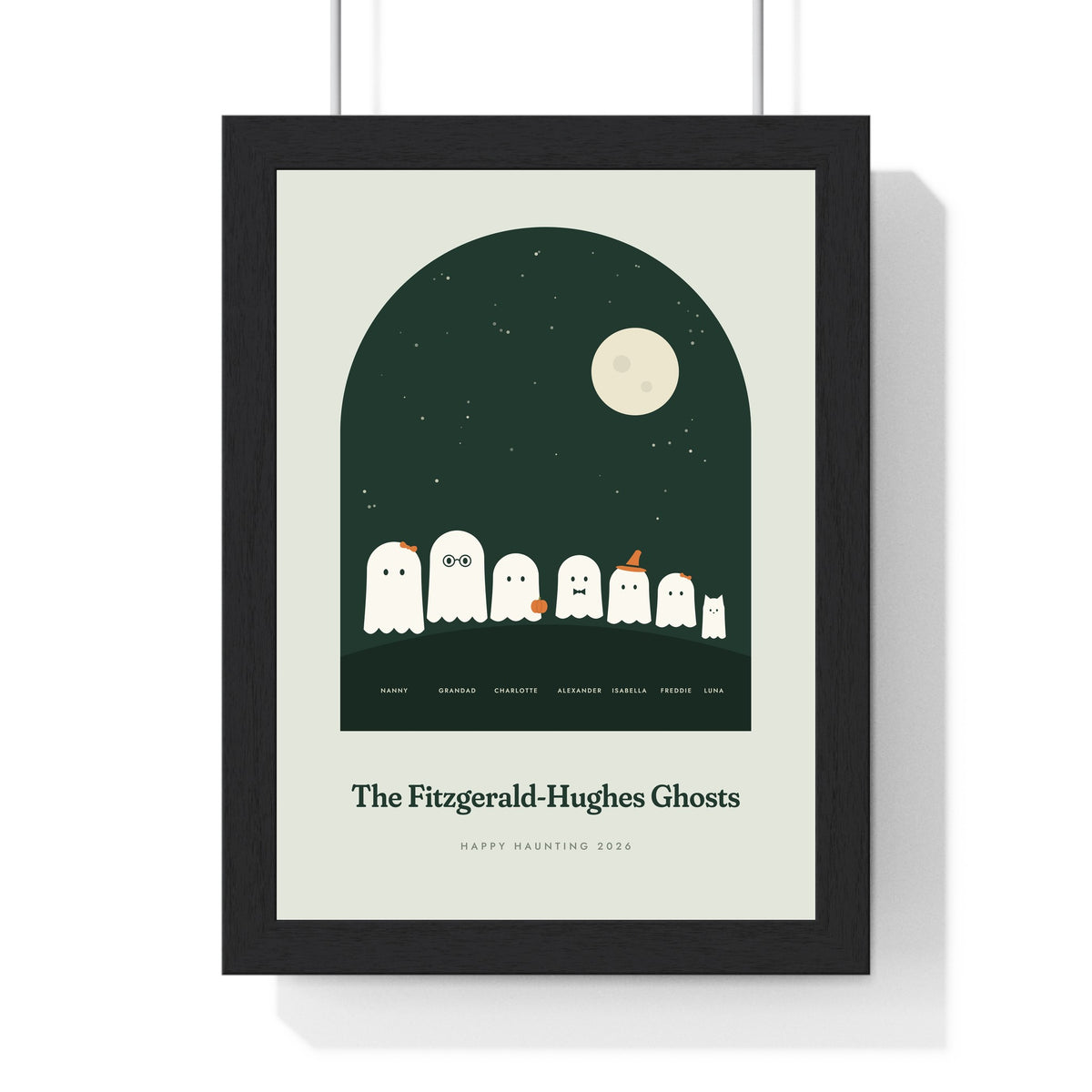 Personalised Ghost Family Print - sage version with seven ghosts and a cat