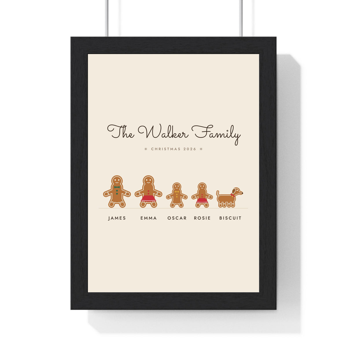 Personalised Gingerbread Family Print - framed gingerbread family print with four people and a dog