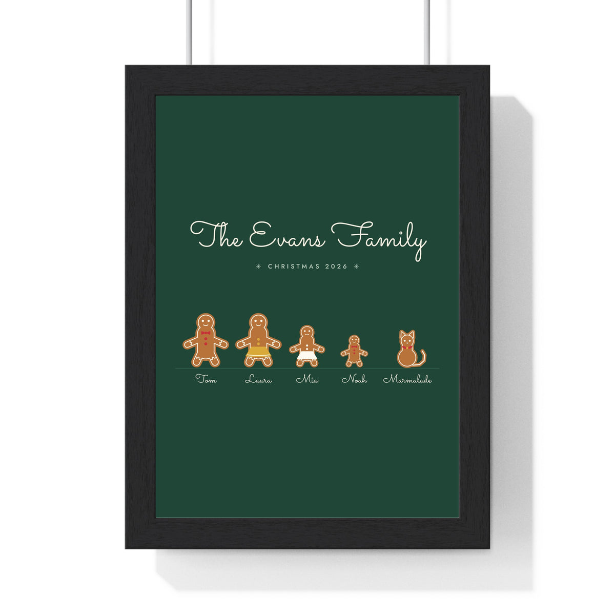 Personalised Gingerbread Family Print - framed forest green version with a cat and names in icing script