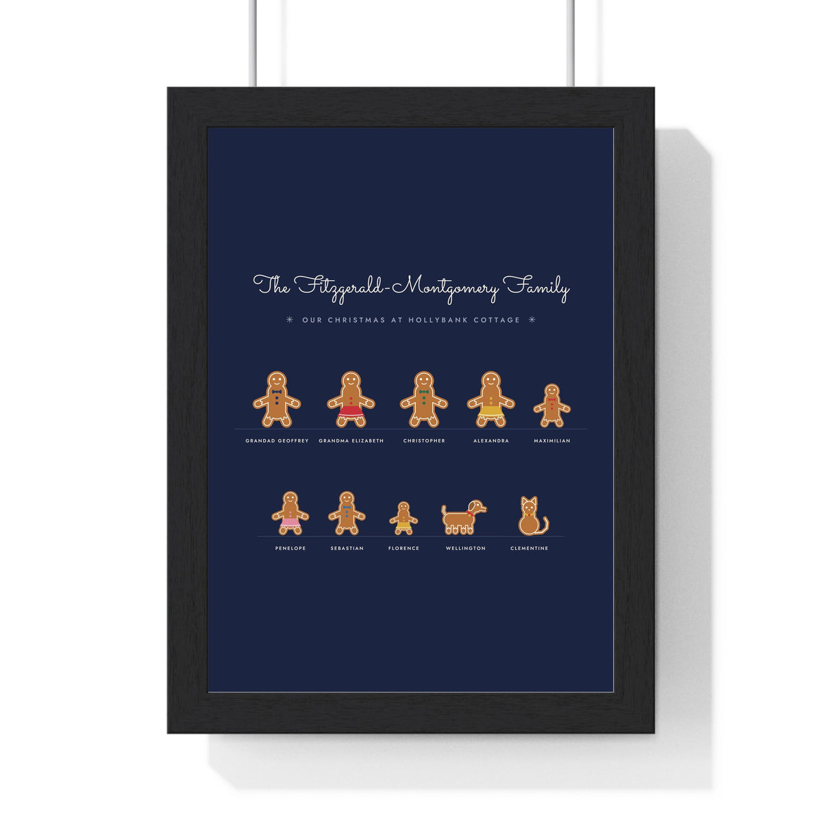 Personalised Gingerbread Family Print - framed navy version for a big family