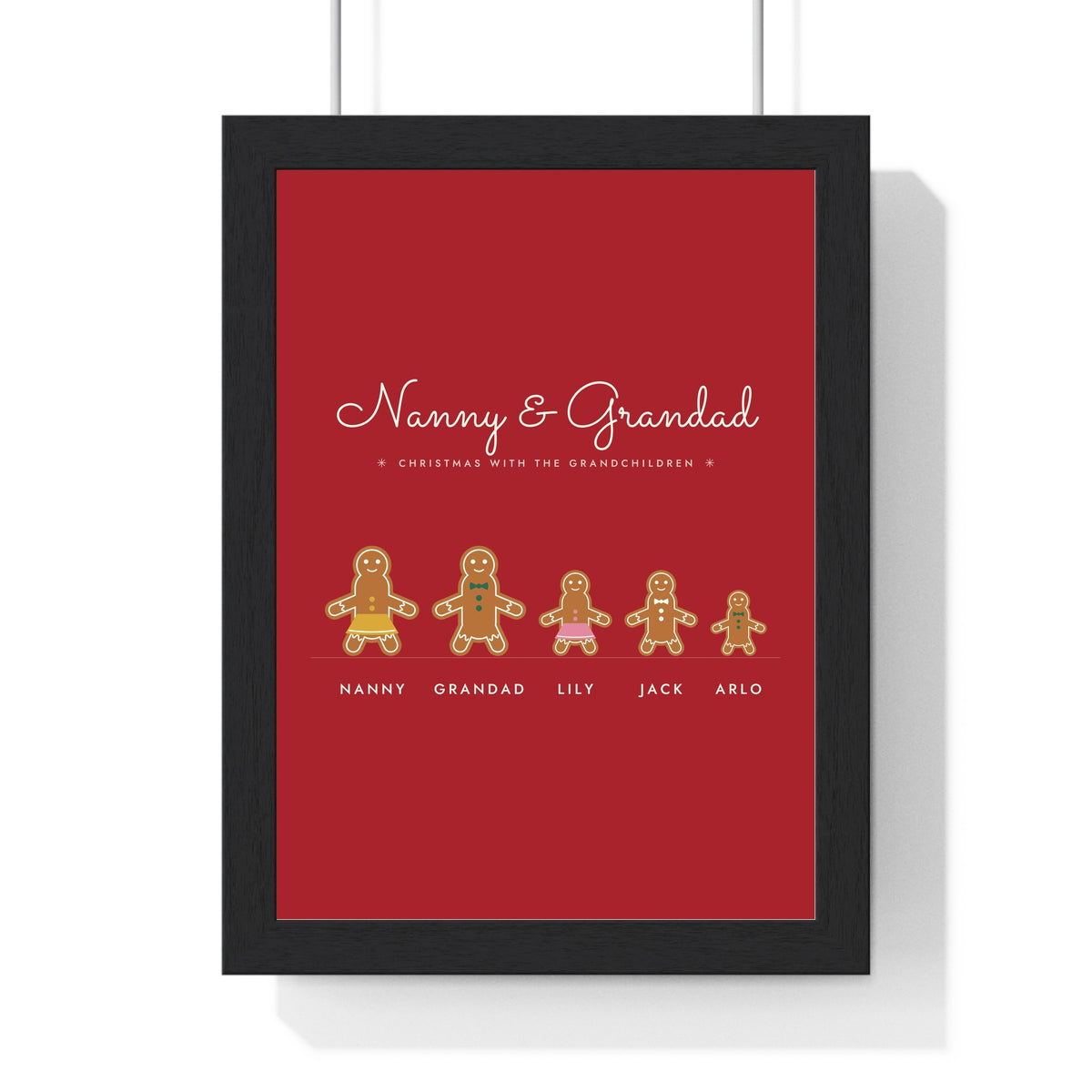 Personalised Gingerbread Family Print - framed Christmas red version for Nanny and Grandad and the grandchildren