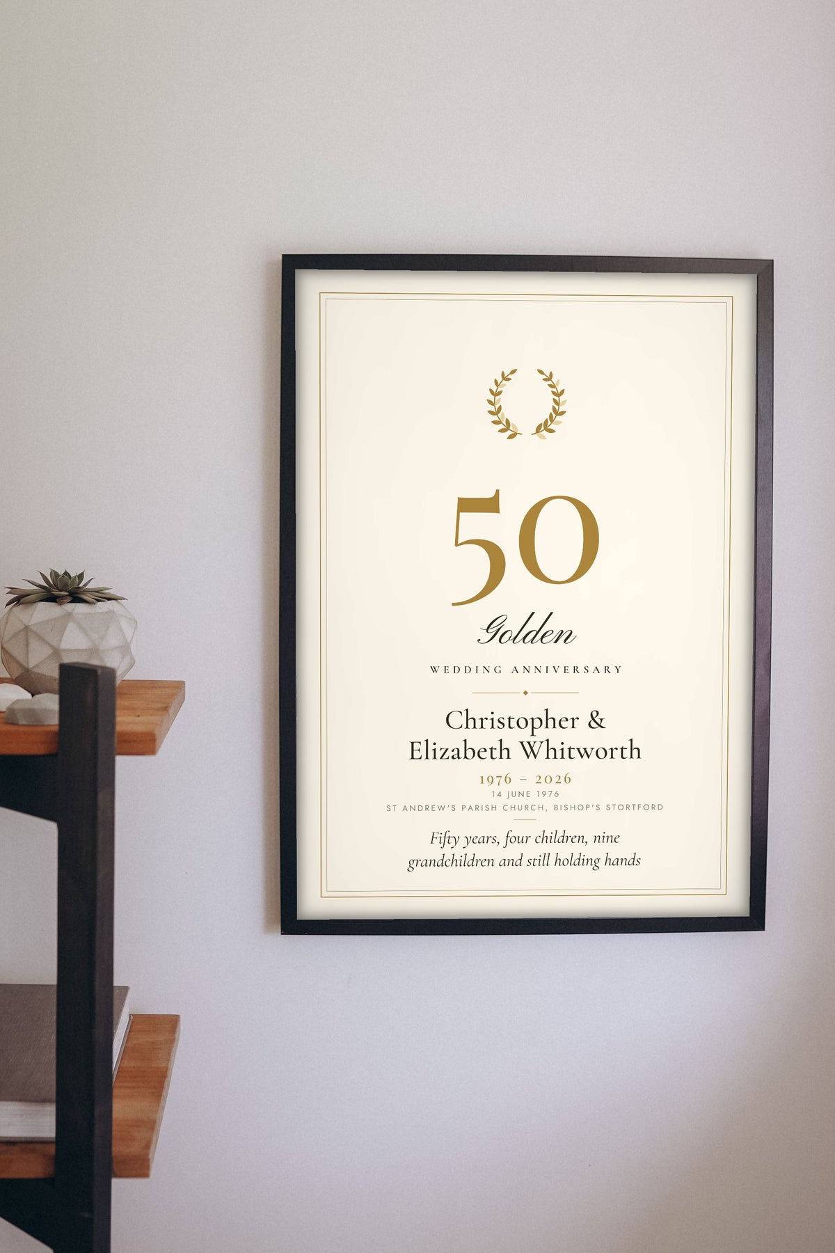 Personalised Golden Wedding Anniversary Print - hanging on a living room wall