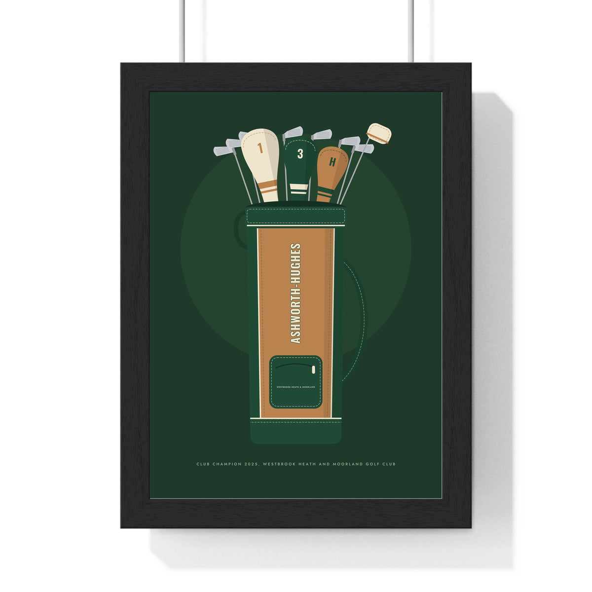 Personalised Golf Bag Print - framed tan leather and green version