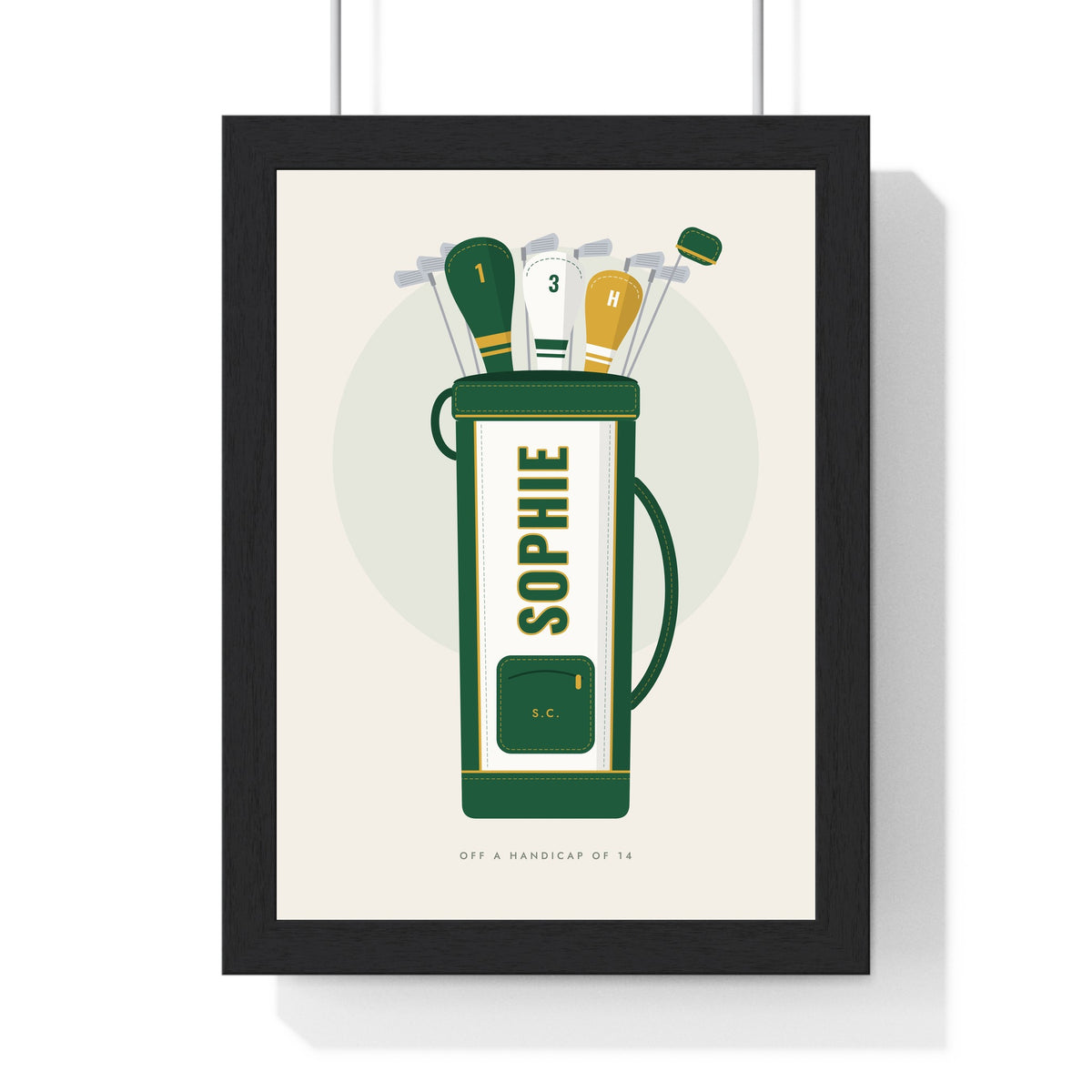 Personalised Golf Bag Print - framed white and green version for Sophie
