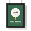 Personalised Golf Ball Print - framed fairway green golf ball print with James on the ball