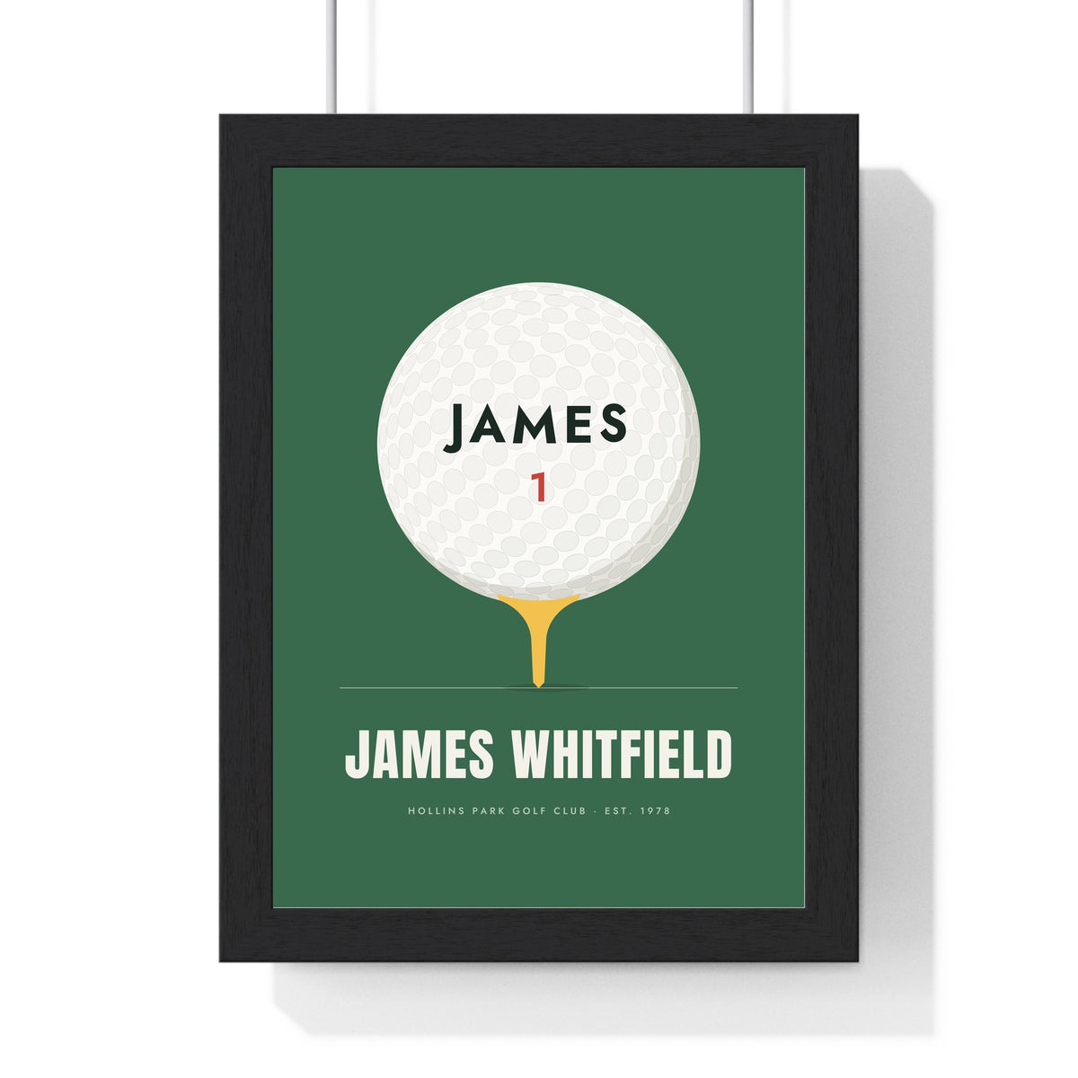 Personalised Golf Ball Print - framed fairway green golf ball print with James on the ball