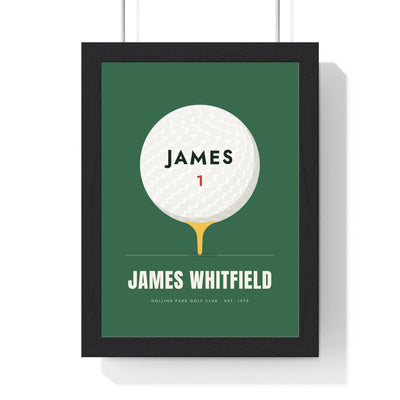 Personalised Golf Ball Print - framed fairway green golf ball print with James on the ball