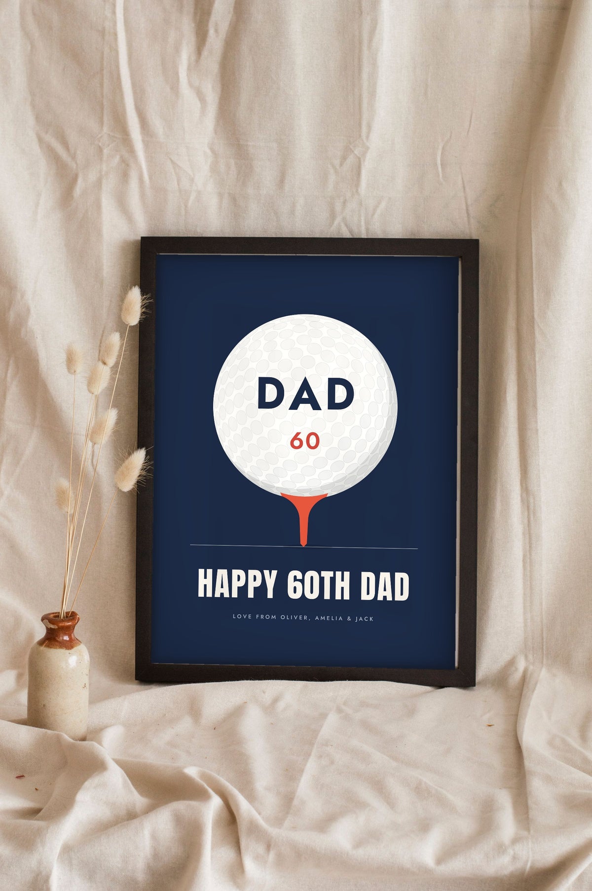 Personalised Golf Ball Print - navy golf ball print for Dad's 60th leaning on a shelf