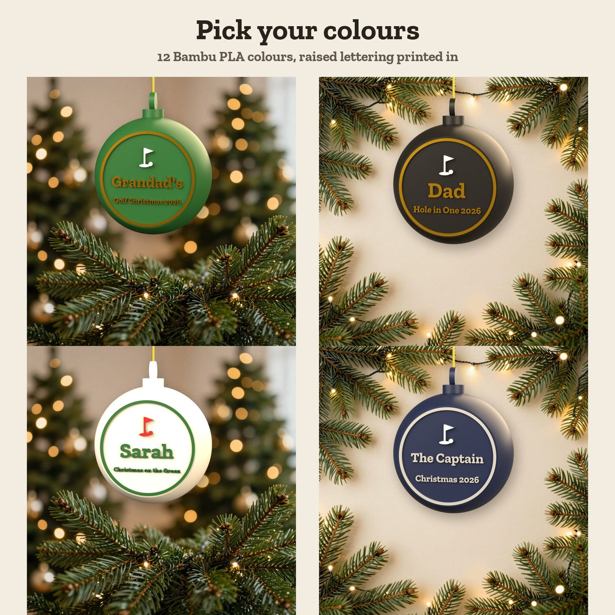 Personalised Golf Christmas Bauble - colour options