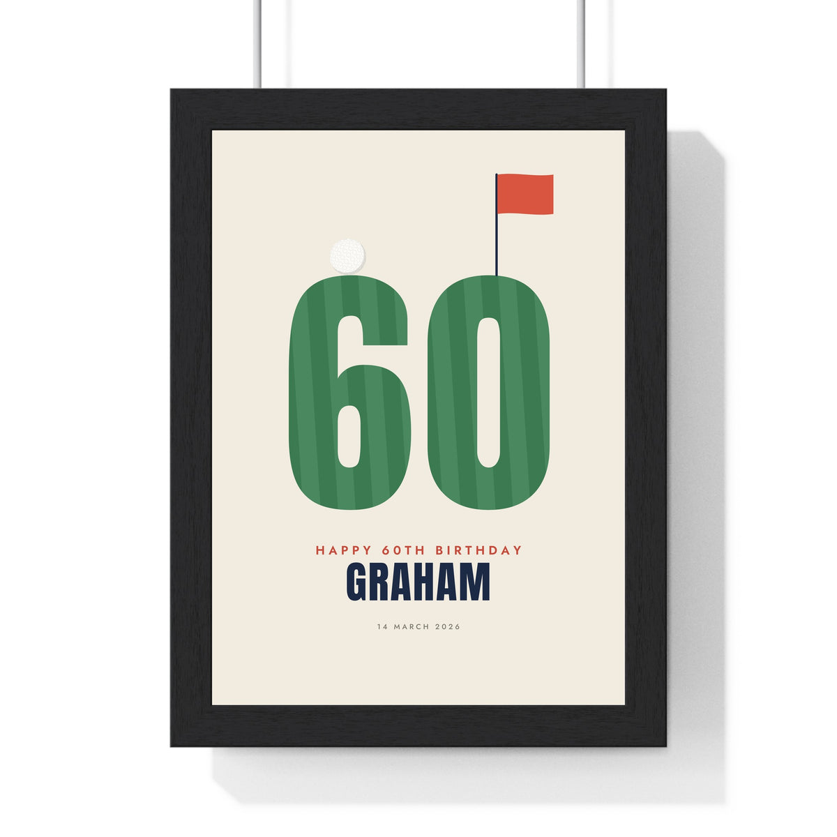 Personalised Golf Birthday Print - framed cream 60th golf birthday print for Graham