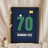 Personalised Golf Birthday Print - navy 70th golf birthday print for Grandad leaning on a shelf