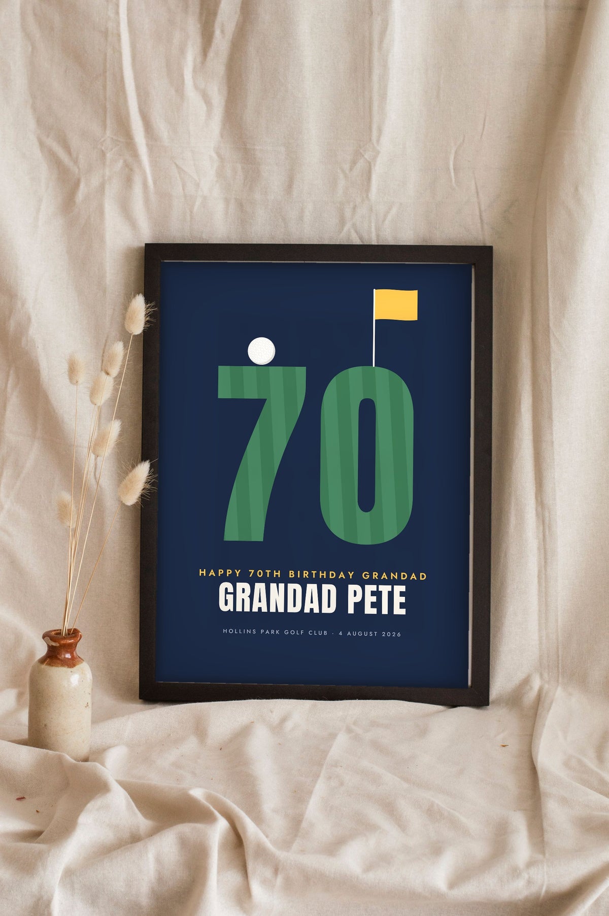 Personalised Golf Birthday Print - navy 70th golf birthday print for Grandad leaning on a shelf