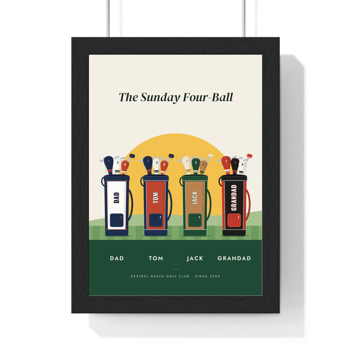 Personalised Golf Buddies Print - framed golf buddies print with four named golf bags on the first tee