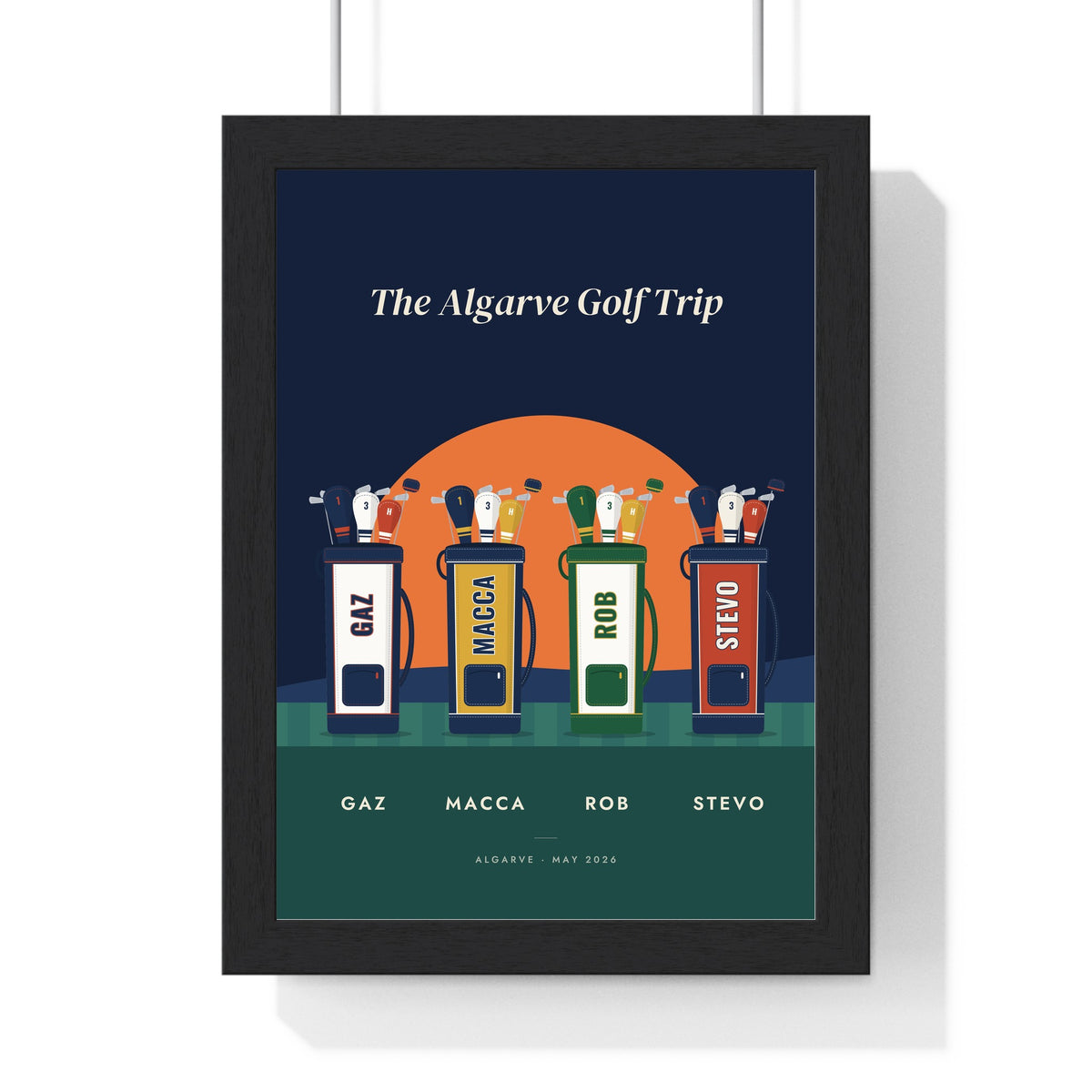 Personalised Golf Buddies Print - framed navy golf trip version