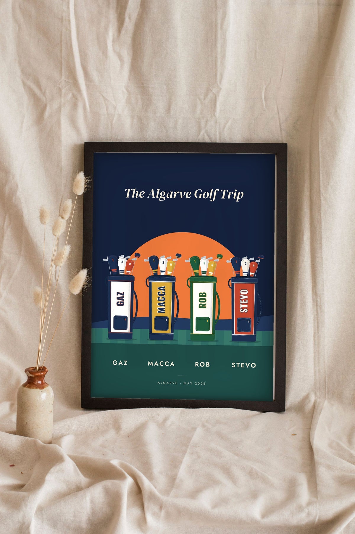 Personalised Golf Buddies Print - navy golf trip version with four bags