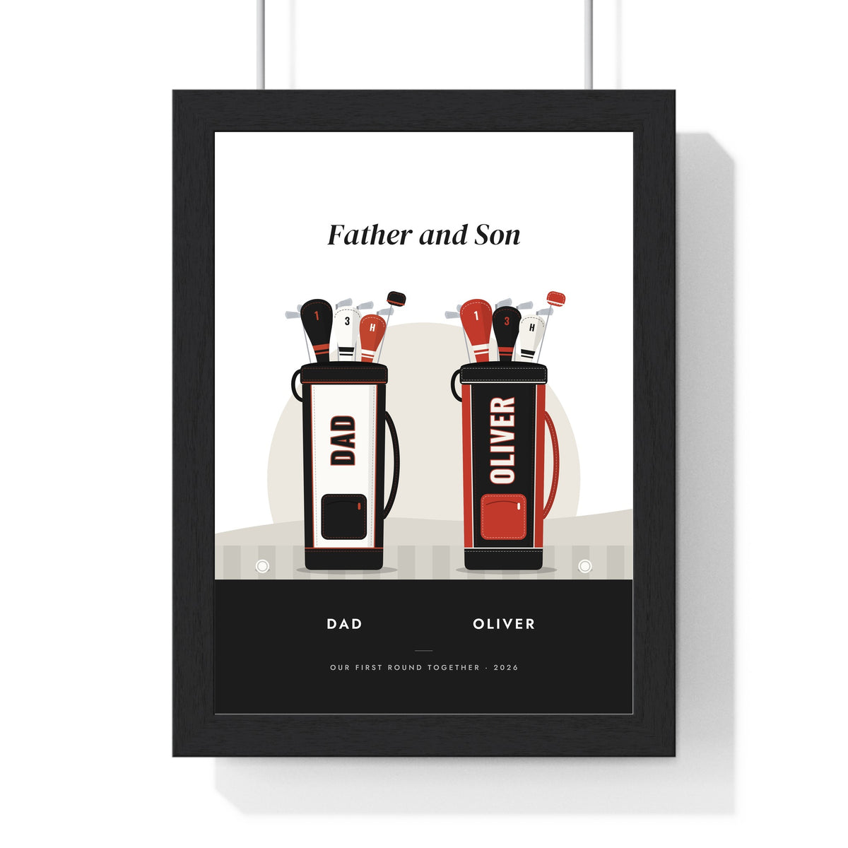 Personalised Golf Buddies Print - framed monochrome father and son version with two bags