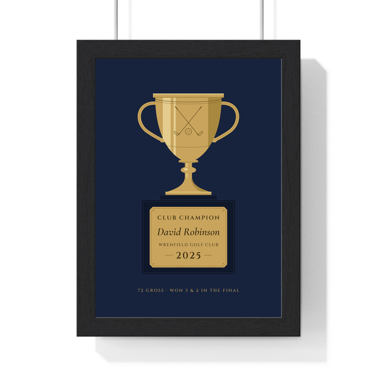 Personalised Golf Club Champion Print - framed gold on navy golf club champion trophy print for David Robinson