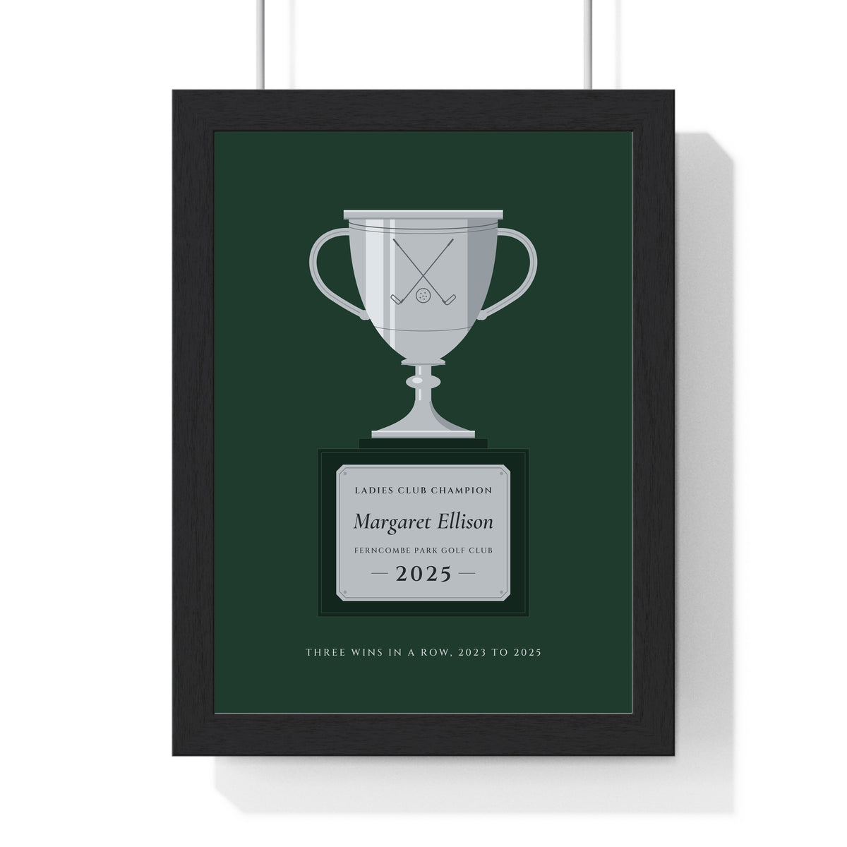 Personalised Golf Club Champion Print - framed silver on forest green ladies club champion version