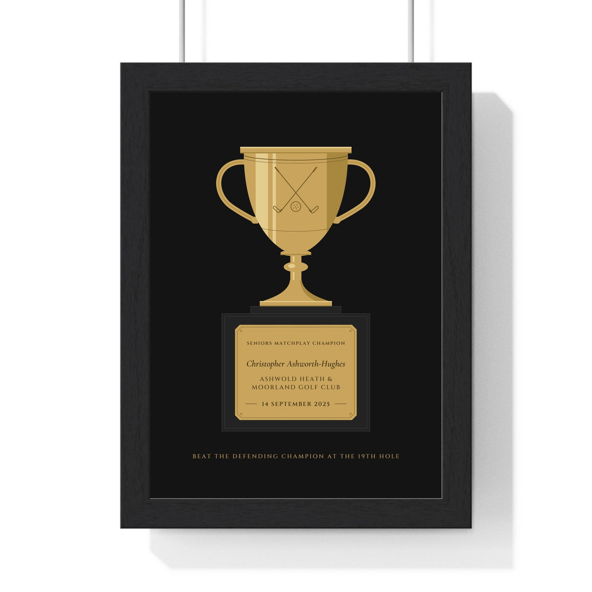 Personalised Golf Club Champion Print - framed gold on black seniors matchplay champion version