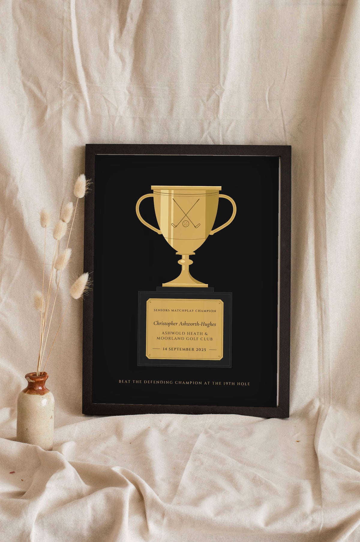 Personalised Golf Club Champion Print - gold on black seniors matchplay champion version