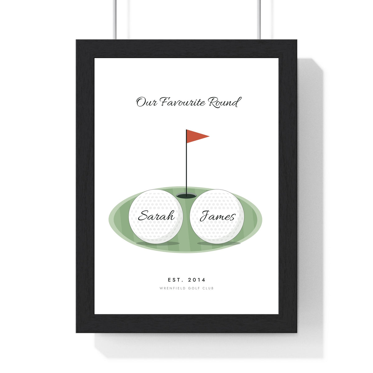 Personalised Golf Couple Print - framed white golf couple print with Sarah and James on two golf balls