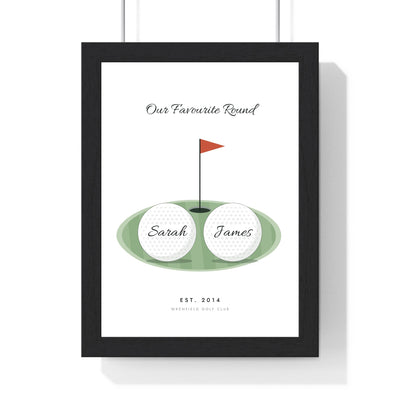 Personalised Golf Couple Print - framed white golf couple print with Sarah and James on two golf balls