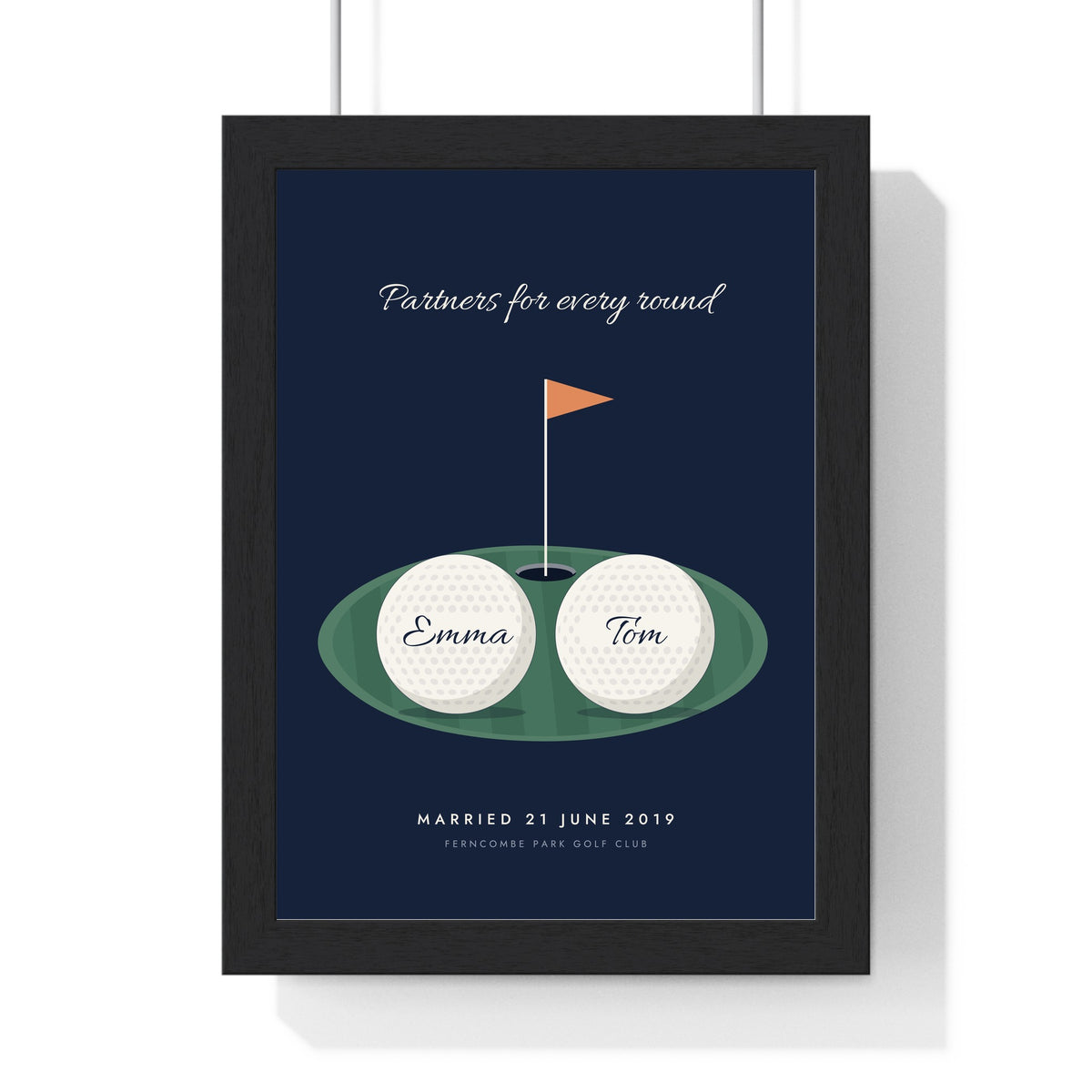Personalised Golf Couple Print - framed navy golf couple print for a wedding date