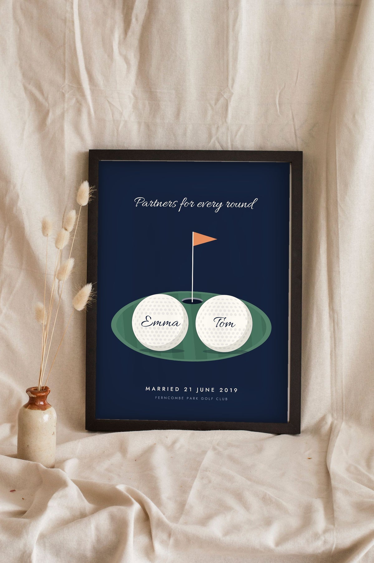Personalised Golf Couple Print - navy version, Partners for every round