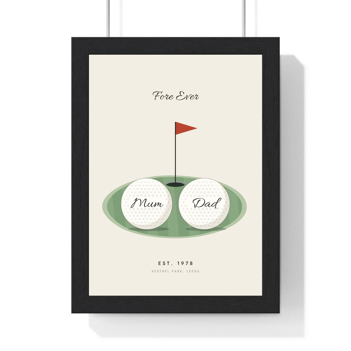 Personalised Golf Couple Print - framed cream version for Mum and Dad
