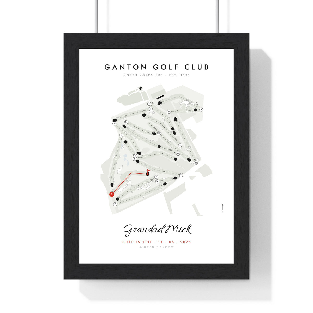 Personalised Golf Course Map Print - framed white golf course map with every hole and the 7th highlighted
