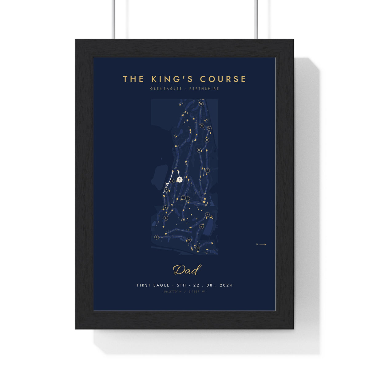 Personalised Golf Course Map Print - framed navy and gold version with an eagle on the 5th