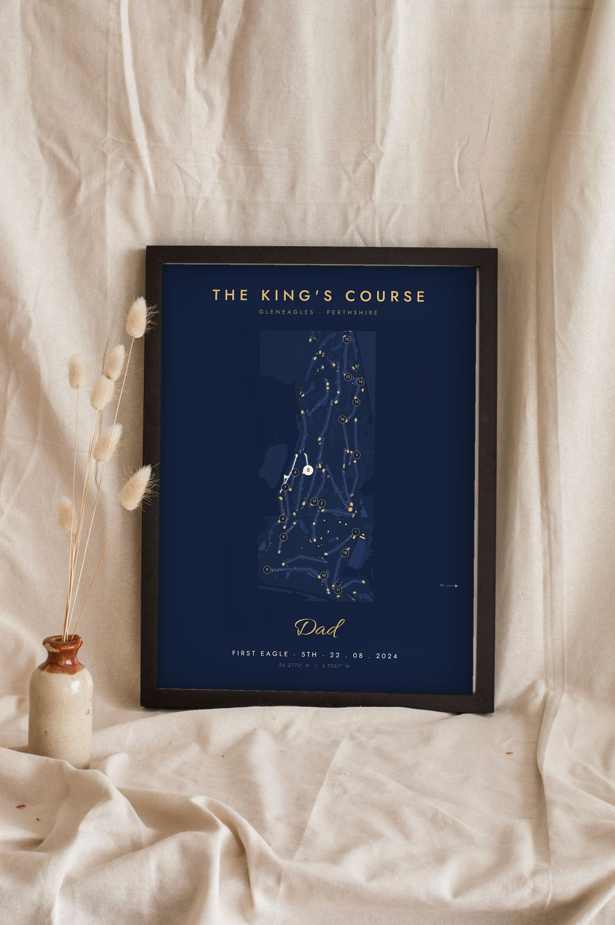 Personalised Golf Course Map Print - navy and gold course map leaning on a shelf